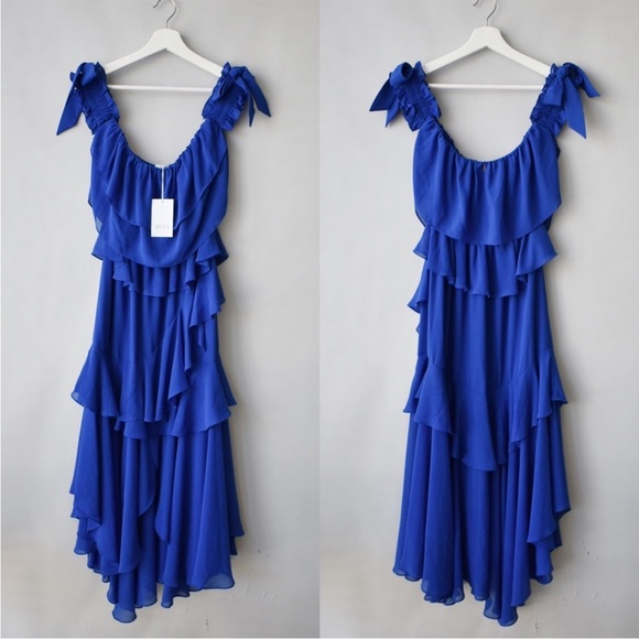 NWT MISA Los Angeles Isidora Dress Sz L Tiered Ruffle Off Shoulder Midi Romantic - Picture 5 of 12